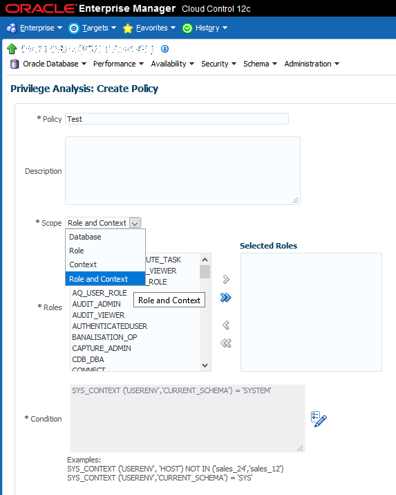Privilege Analysis policy creation in Oracle Enterprise Manager